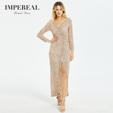 Tulip Hem Long Sleeve Sequined Party Wrap Long Sexy Club Dress